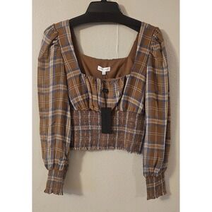 Gianni Bini Faye Size 10 Plaid Smocked Square Neck Long Sleeve Blouse NWT L515